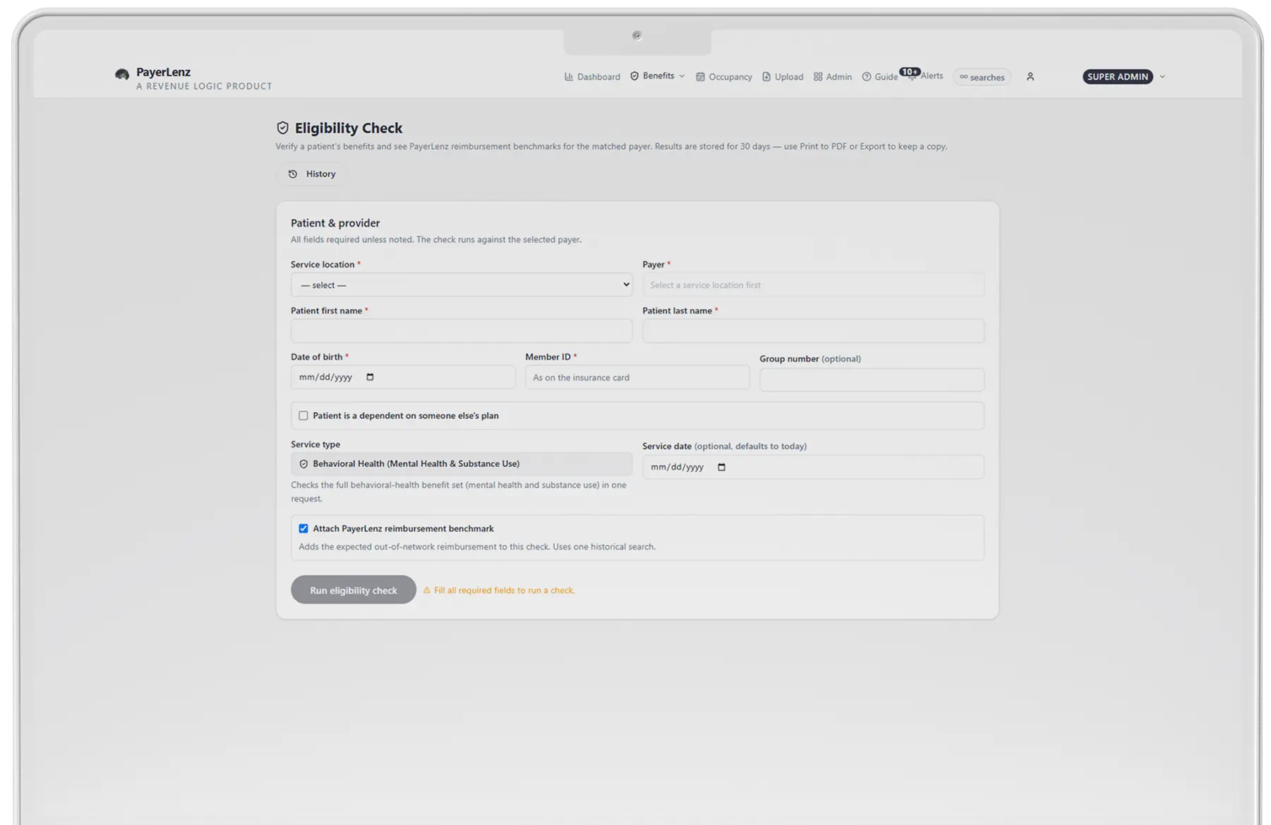 Eligibility Check screen with response