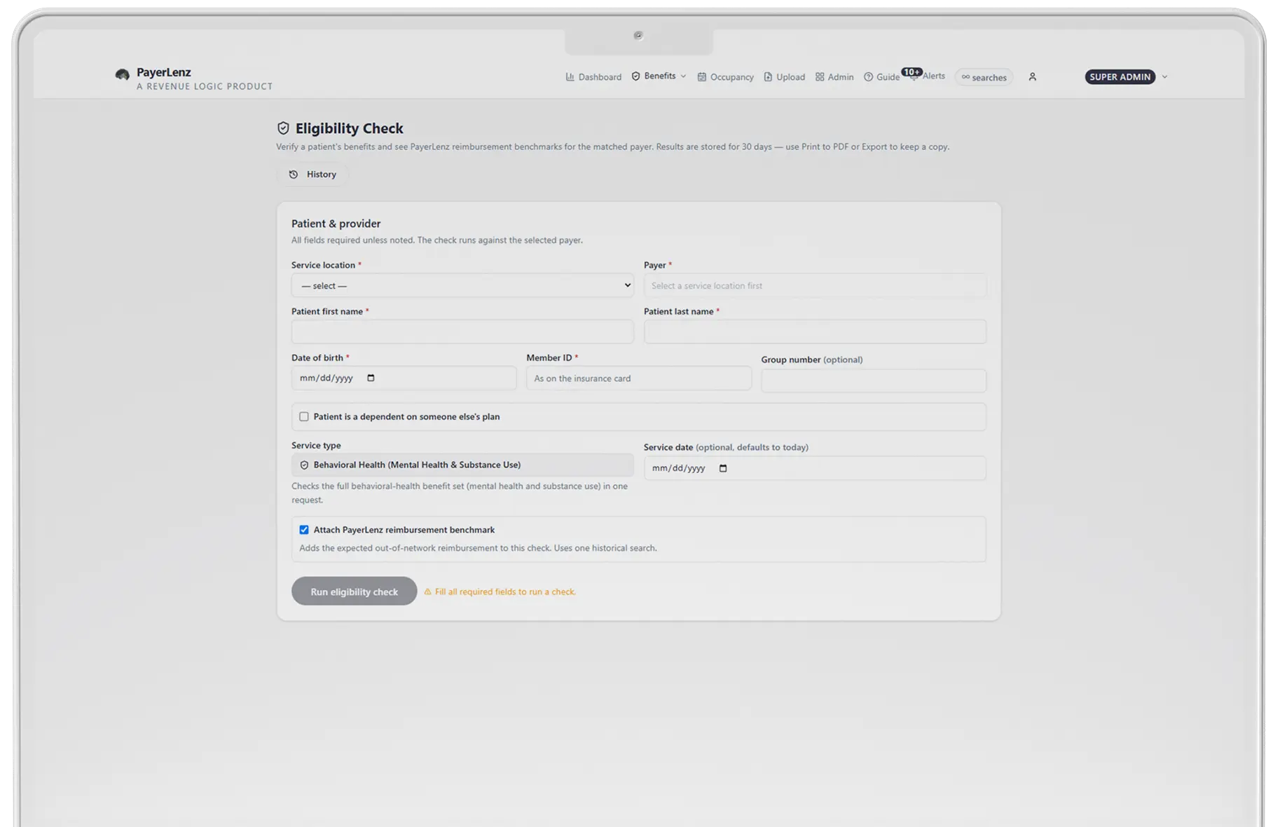 The PayerLenz realtime eligibility check form and its result
