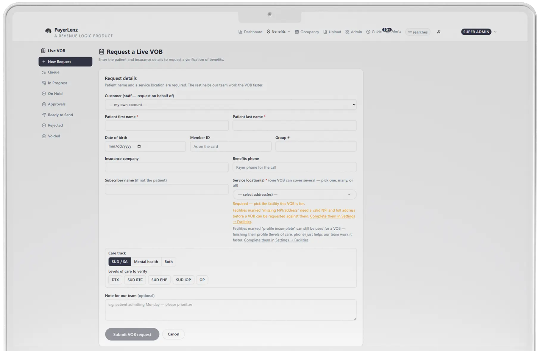 The PayerLenz Live VOB request queue and completed worksheet