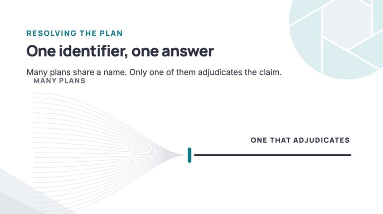 Many plan lines converging through a single identifier into the one plan that adjudicates the claim.